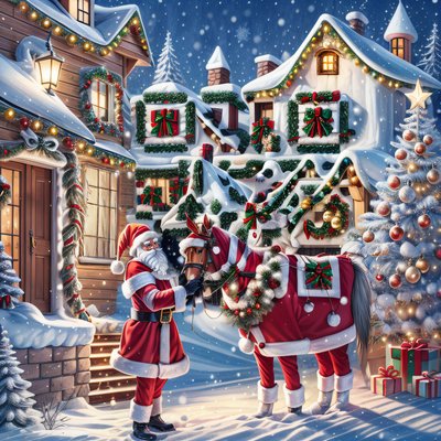 Santa and Horse Christmas Village QR Code for Greeting Cards