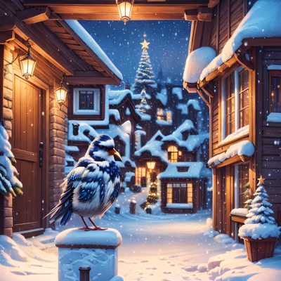 Snowy Village Bird Christmas QR Code for Greeting Cards — image 1