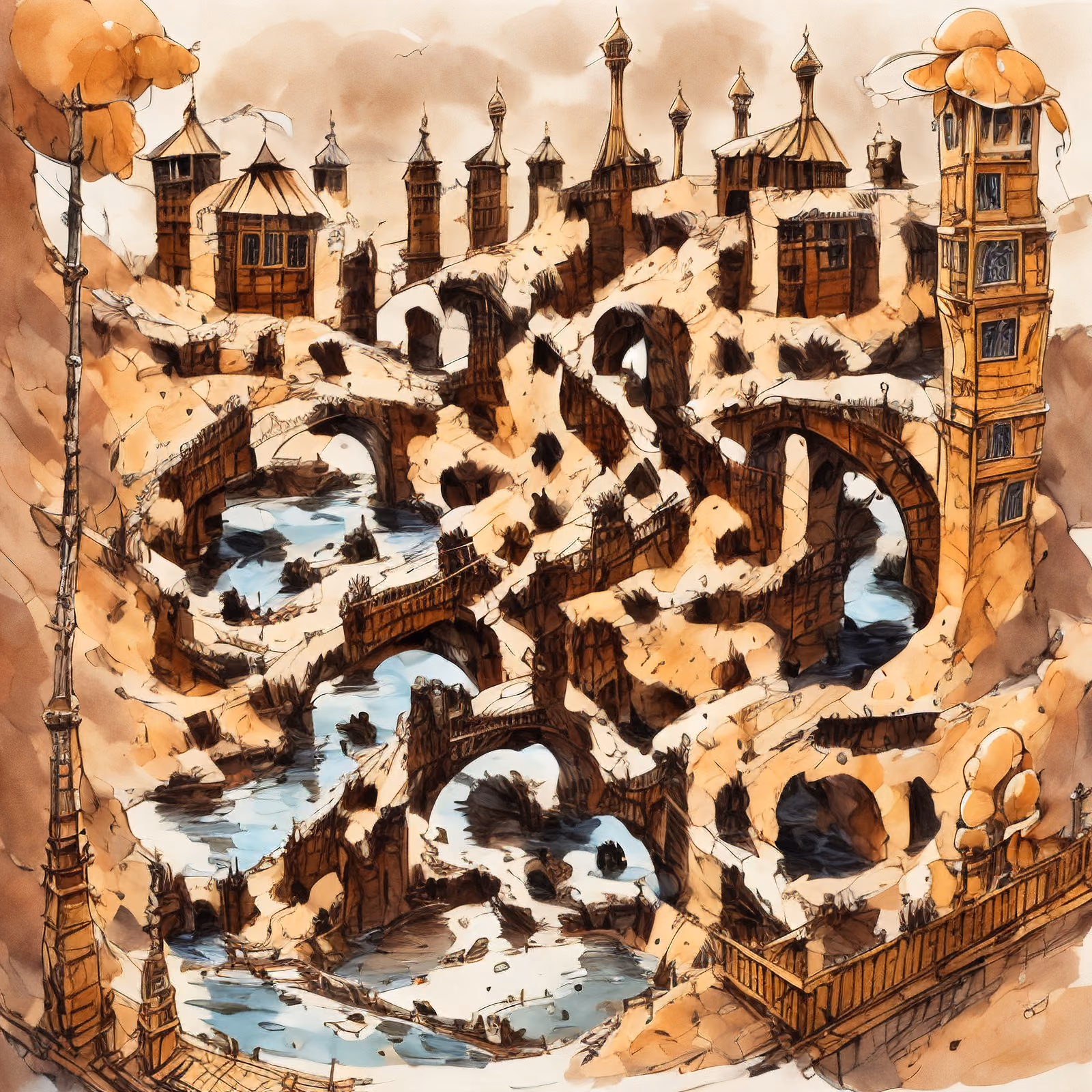 Fantasy Bridge Town Ink Watercolor QR Code Art — image 1