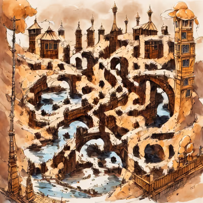 Fantasy Bridge Town Ink Watercolor QR Code Art — image 1