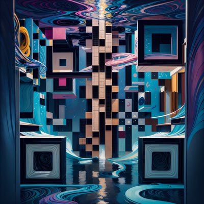 Парящие кубы-небоскрёбы, сюрреалистичный QR-код
