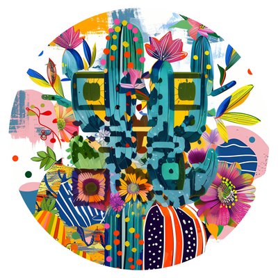 Яркий коллаж с цветущим кактусом: QR-код для стикеров