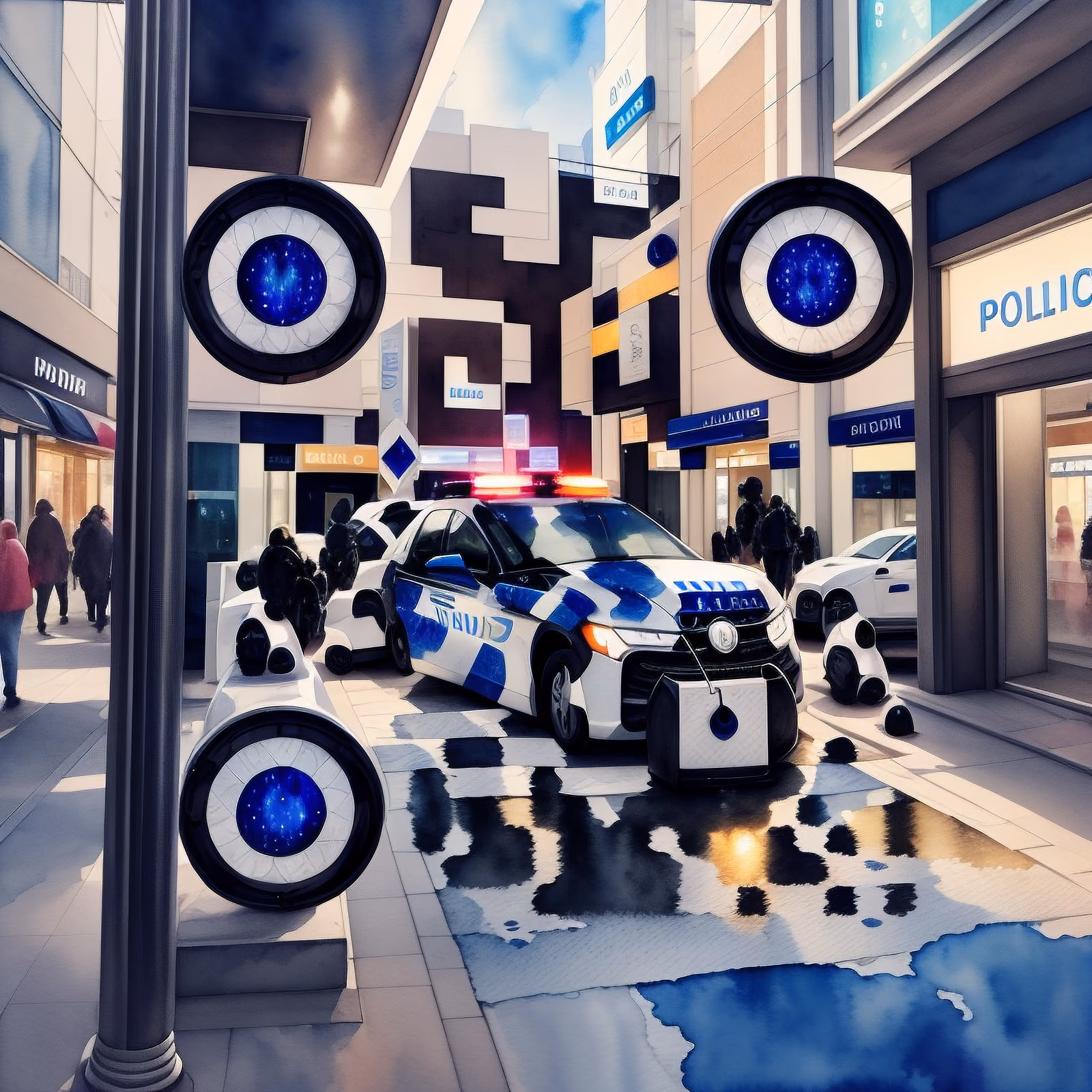 Police Car Mall Street Watercolor QR Code for Posters — image 1