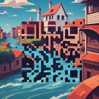 River Town Vector Cartoon QR Code for Posters