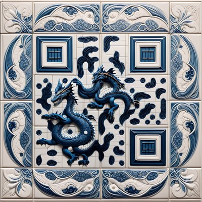 Blue Dragon Porcelain Tilework QR Code Art