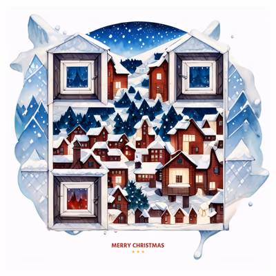 Snowy Village Window Watercolor QR Code for Greeting Cards — image 1