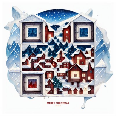 Snowy Village Window Watercolor QR Code for Greeting Cards