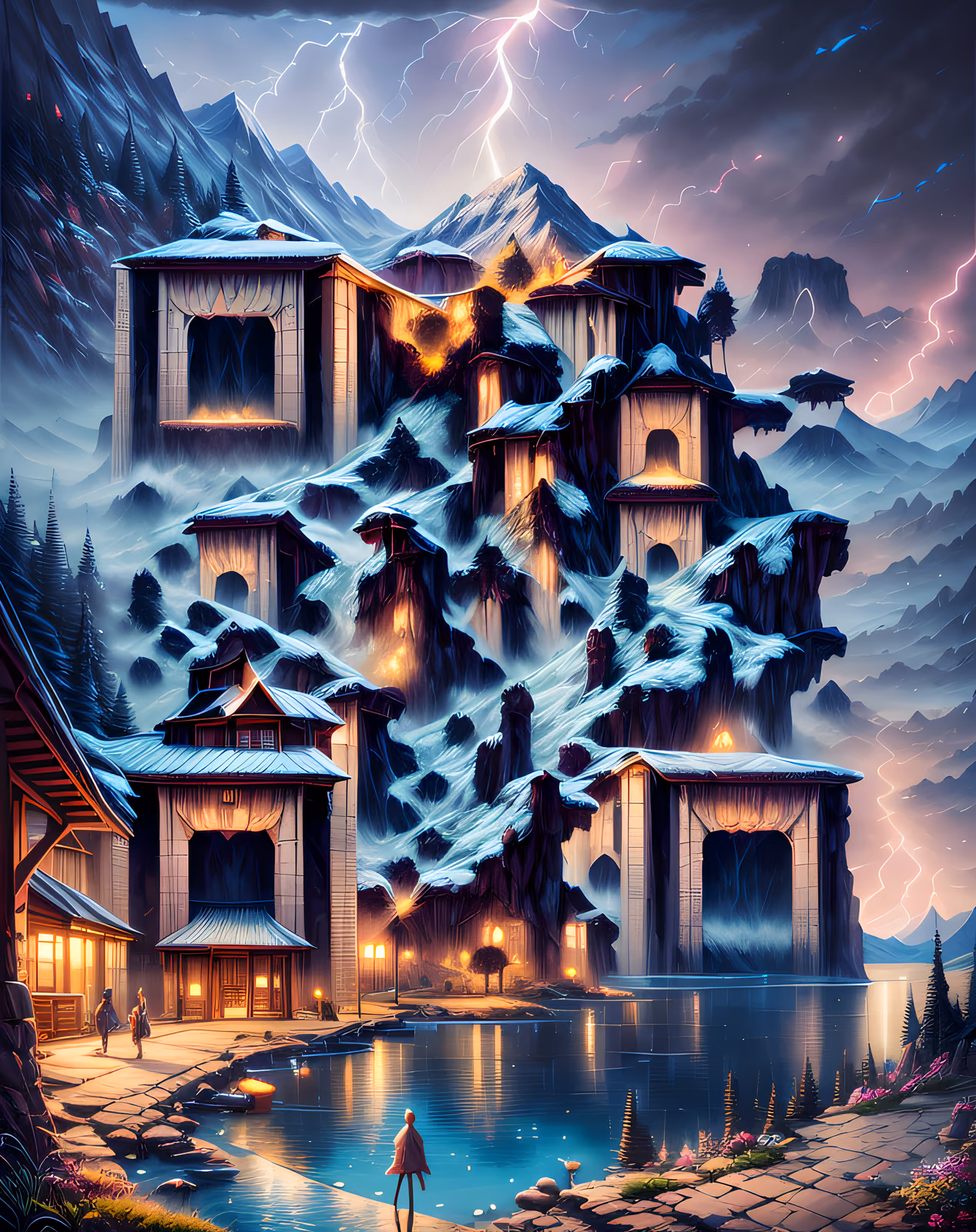 Stormy Mountain Village Matte Painting QR Code Art — image 1