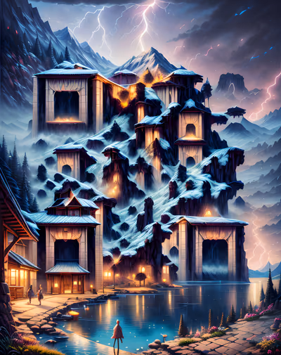 Stormy Mountain Village Matte Painting QR Code Art — image 1