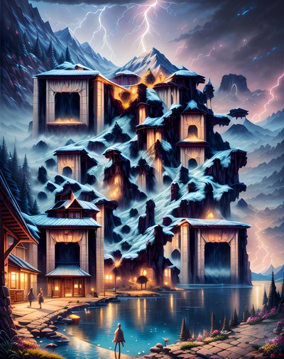 Stormy Mountain Village Matte Painting QR Code Art