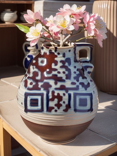 Glazed Pottery Jug Cherry Blossom QR Code Art