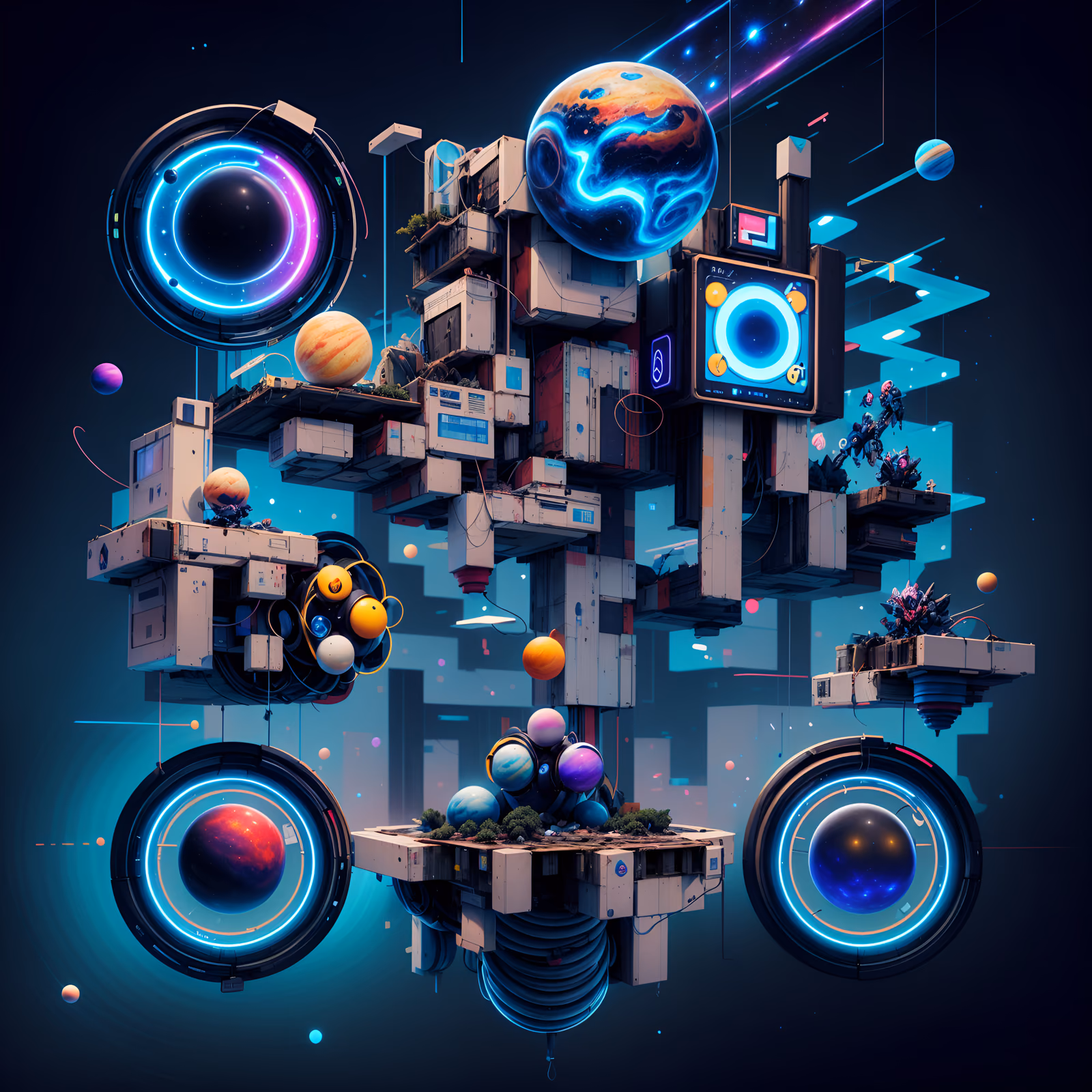 Floating Tech Planets Cyberpunk QR Code Art — image 1