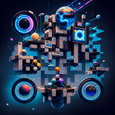Floating Tech Planets Cyberpunk QR Code Art — image 1