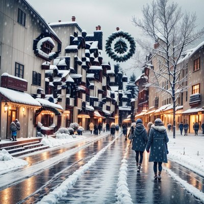 Заснеженная зимняя улица: кинематографичный QR-код для открыток