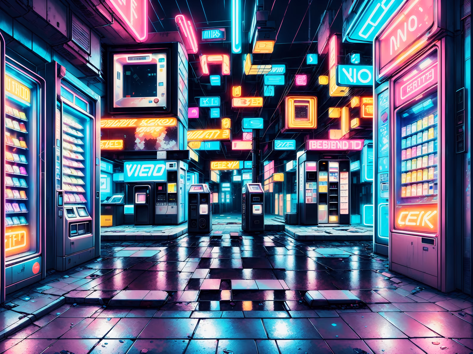 Неоновый переулок с торговыми автоматами: киберпанк QR-код для плакатов — изображение 1