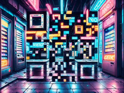 Неоновый переулок с торговыми автоматами: киберпанк QR-код для плакатов — изображение 1