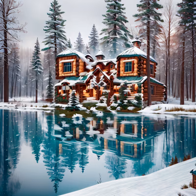 雪中木屋湖畔冬日二维码设计,适用于贺卡 — 图片 1