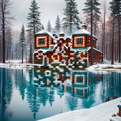 Snowy Log Cabin Lake Winter QR Code for Greeting Cards