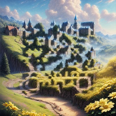 Hilltop Village Fantasy Matte Painting QR Code Art