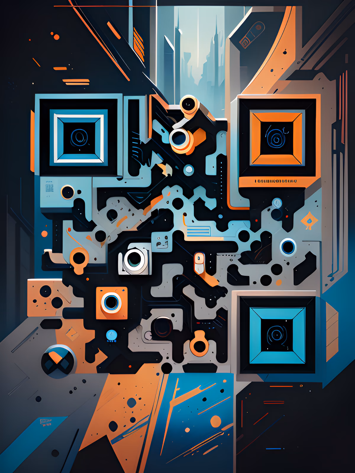 Blue Orange Geometric Cyberpunk QR Code for Posters — image 1