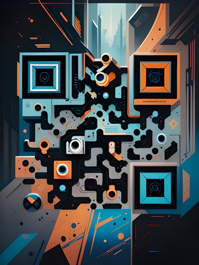 Сине-оранжевый геометрический киберпанк: QR-код для постеров