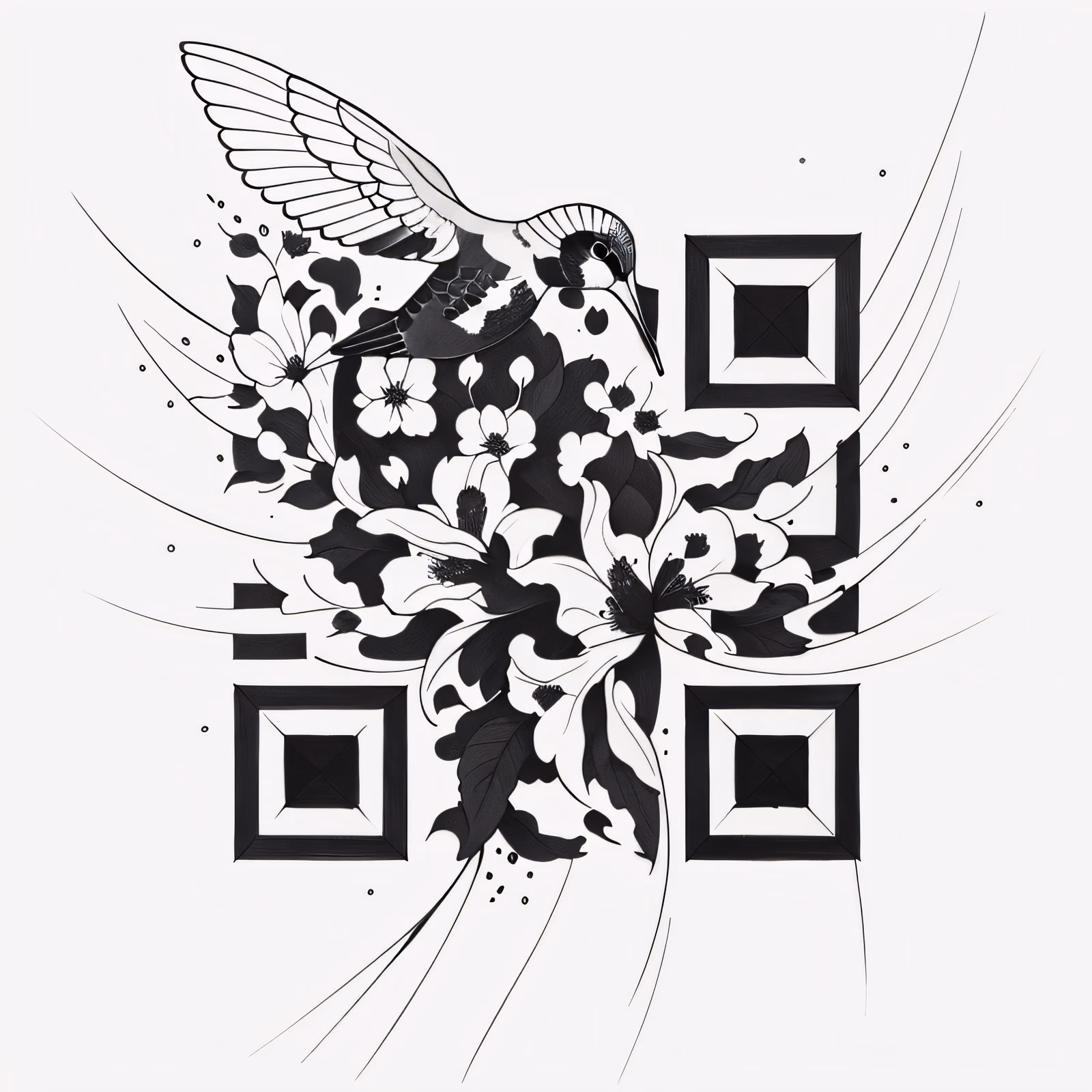 Колибри и цветы: QR-код в стиле тату для временных татуировок — изображение 1