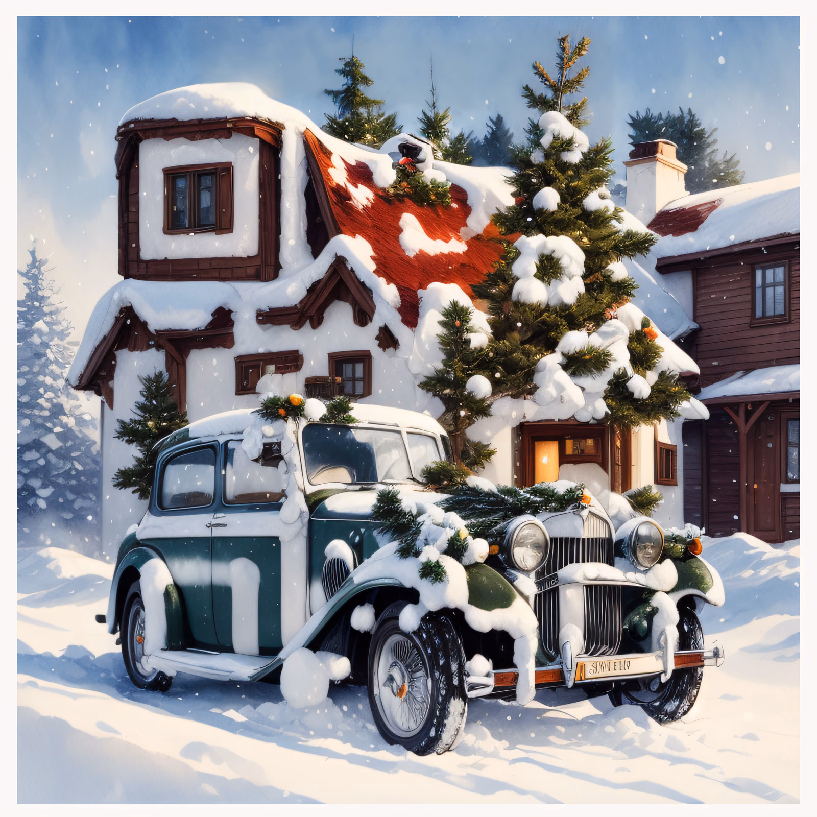 Snowy Vintage Car Christmas Cottage QR Code for Greeting Cards — image 1