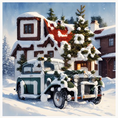 Snowy Vintage Car Christmas Cottage QR Code for Greeting Cards