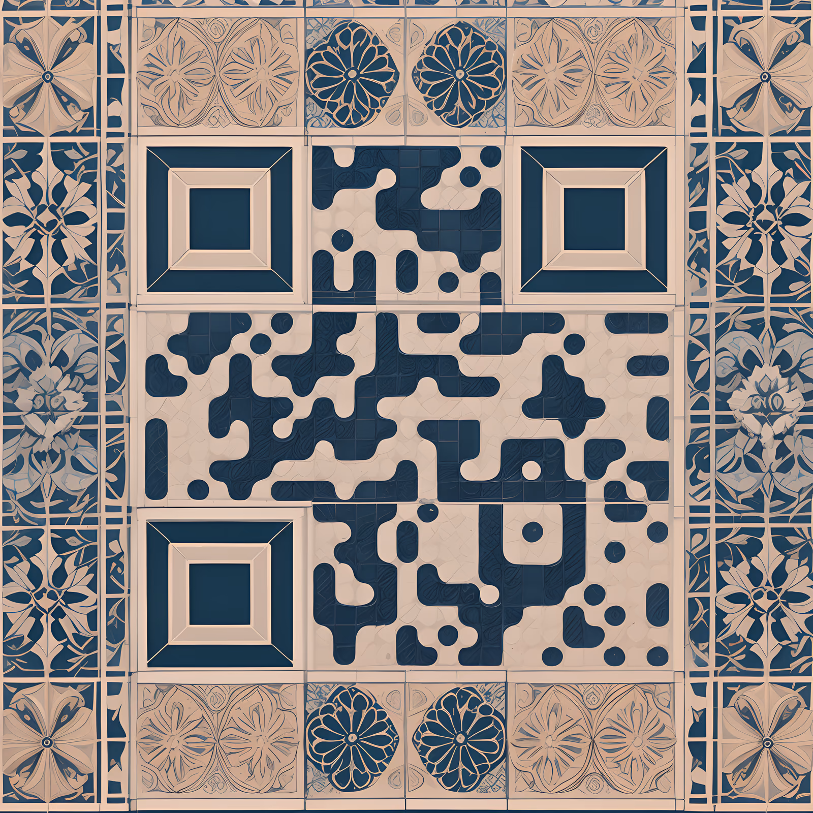 Синий цветочный узор из плитки: QR-код — изображение 1