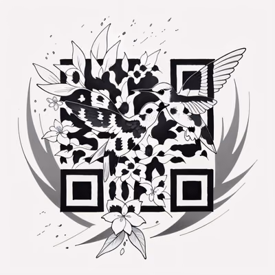 蜂鸟与花朵墨线纹身二维码艺术,适用于临时纹身 — 图片 1