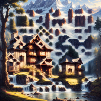Mountain Chalet Waterfall Matte Painting QR Code Art — image 1