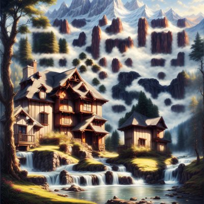 Mountain Chalet Waterfall Matte Painting QR Code Art