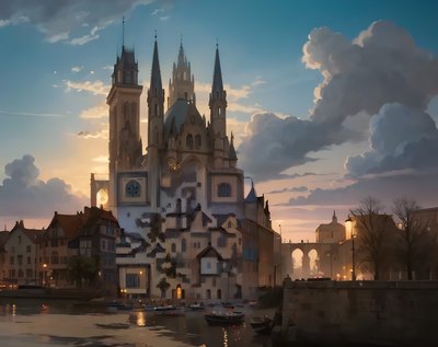 Gothic Castle Riverside Dusk QR Code Art