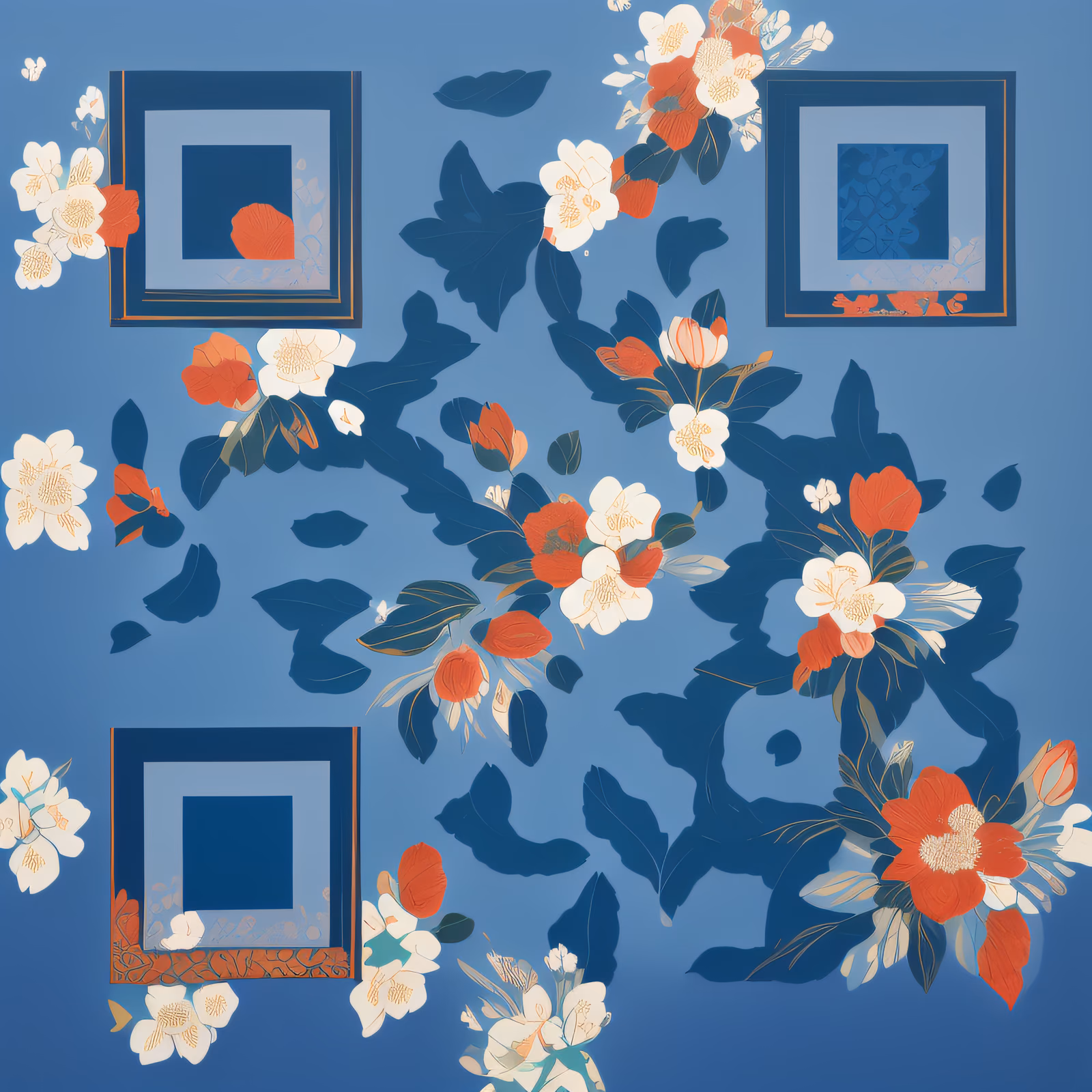 QR-код с белыми цветами в стиле шелкографии — изображение 1