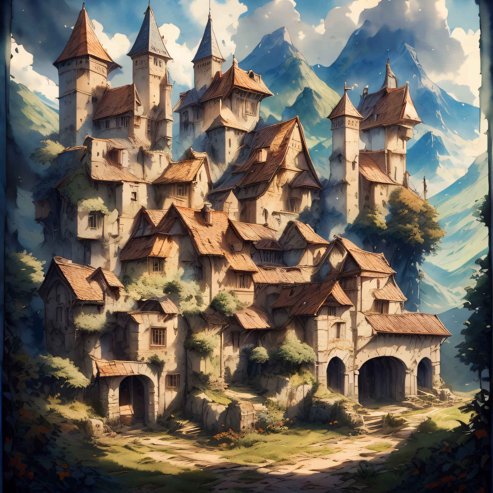 Medieval Hillside Village Fantasy QR Code Art — image 1