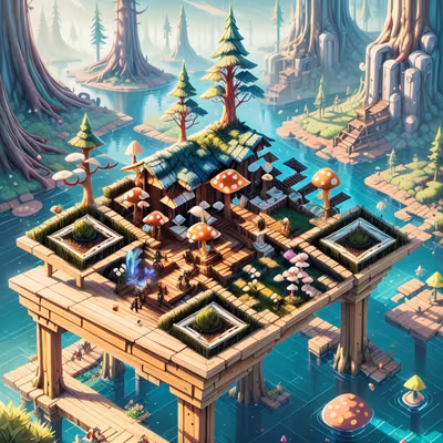 Isometric Mushroom Forest Village QR Code for Posters — image 1