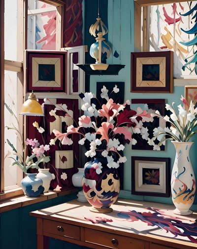 Sunlit Flower Vase Interior Painting QR Code Art