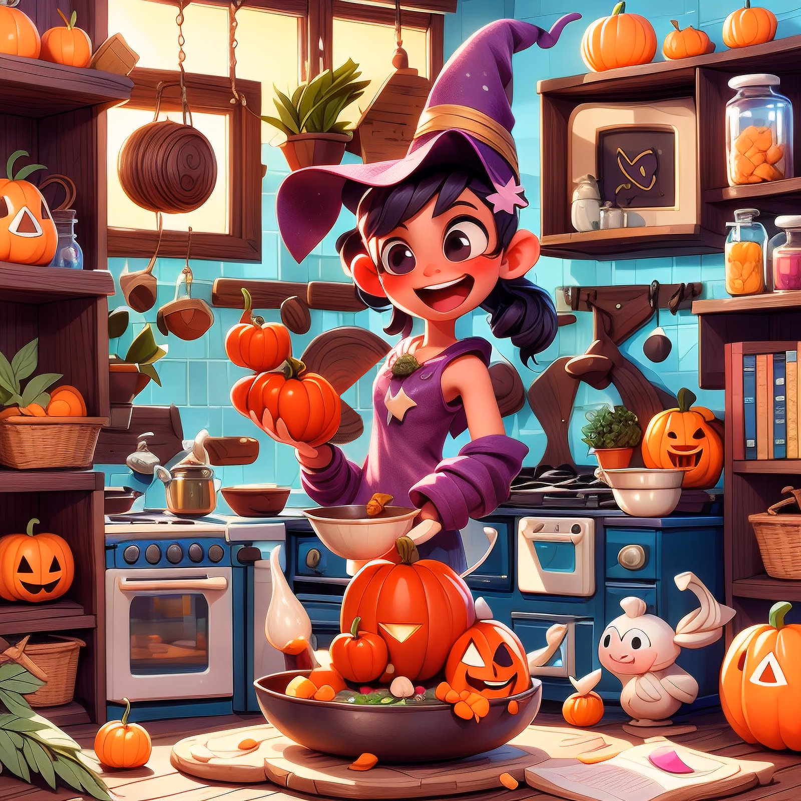 Halloween Witch Kitchen Cartoon QR Code for Event Invitations — image 1
