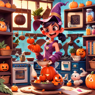 Halloween Witch Kitchen Cartoon QR Code for Event Invitations — image 1