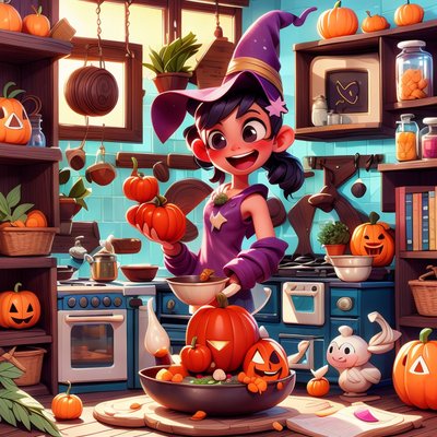 Halloween Witch Kitchen Cartoon QR Code for Event Invitations