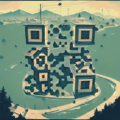 Stacked Houses River Landscape QR Code Art