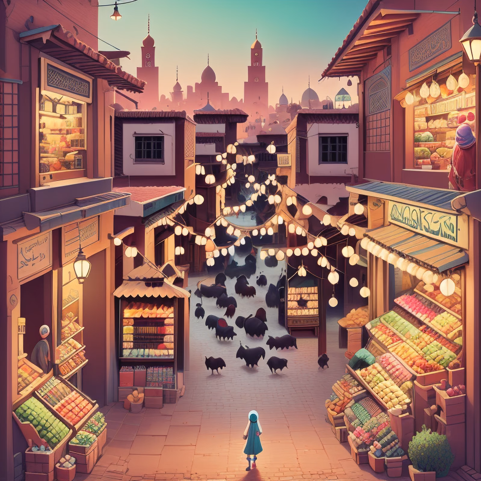 马拉喀什市集街道游戏插画二维码艺术海报 — 图片 1