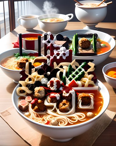 Noodle Soup Meatball Painting QR Code for Restaurant Menus
