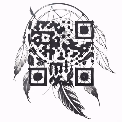 捕梦网羽毛墨线纹身二维码设计,适用于临时纹身贴 — 图片 1