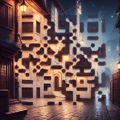 Lamplit Cobblestone Street Matte Painting QR Code Art — image 1