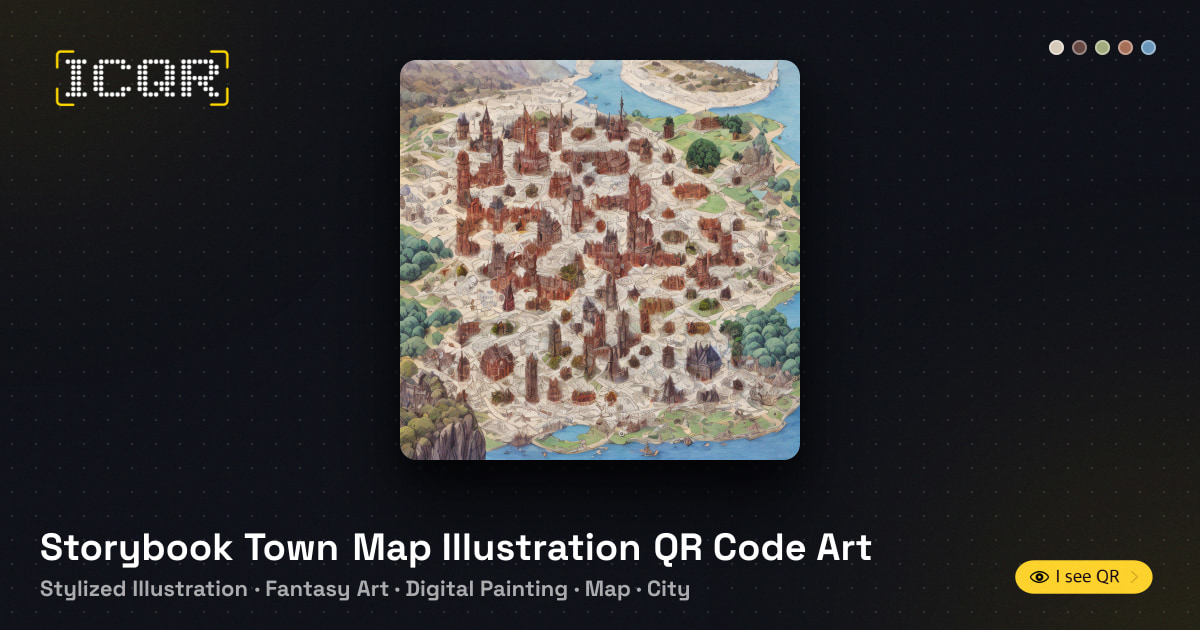 Storybook Town Map Illustration QR Code Art • ICQR