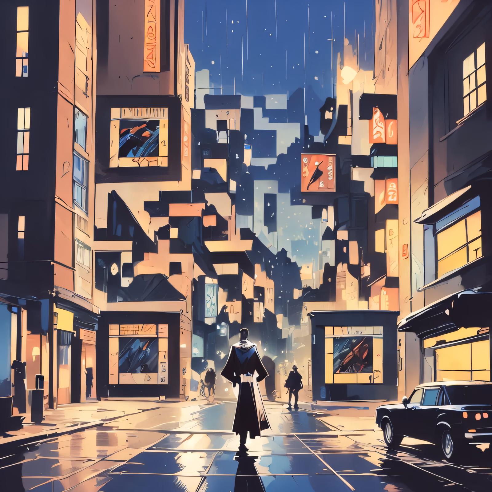 雨夜城市街道漫画风二维码艺术,适用于海报 — 图片 1