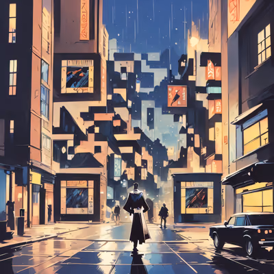 雨夜城市街道漫画风二维码艺术,适用于海报 — 图片 1