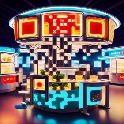Retrofuturist Noodle Kiosk Neon QR Code for Restaurant Menus