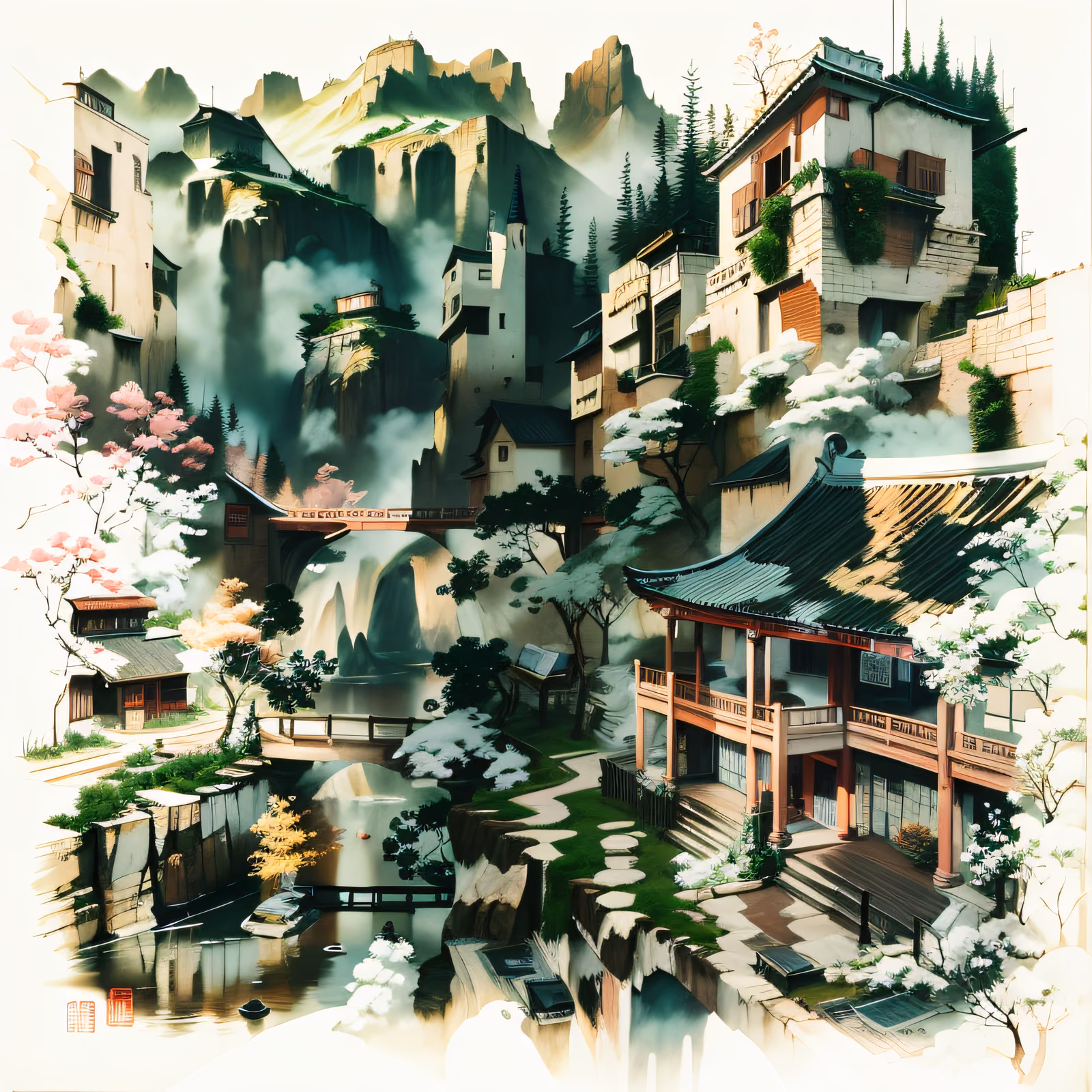 Misty Cliffside Village Ink Scenery QR Code Art — image 1